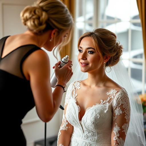 Bride getting setting spray applied to keep makeup flawless all day