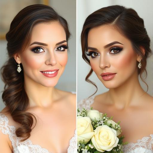 A bride showing natural makeup on one side and glam on the other