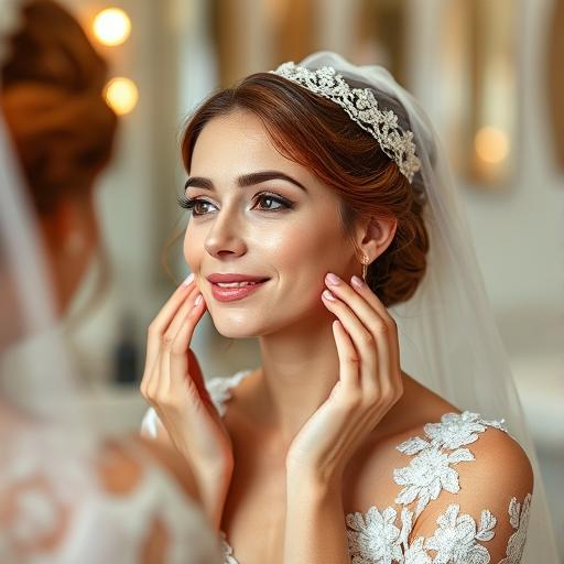 Bride cleansing and moisturizing face before applying wedding makeup